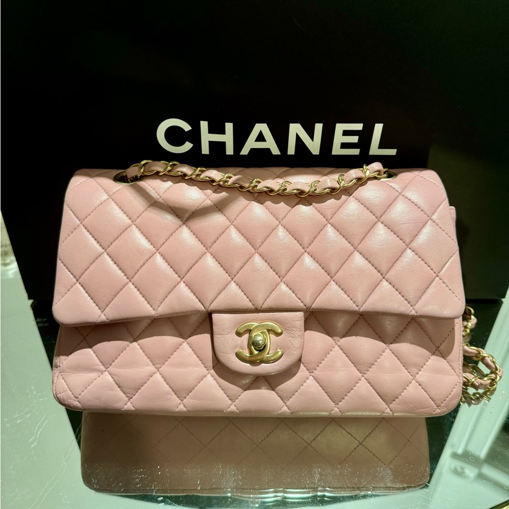 Chanel Lambskin Quilted Medium Double Flap Sakura Pink